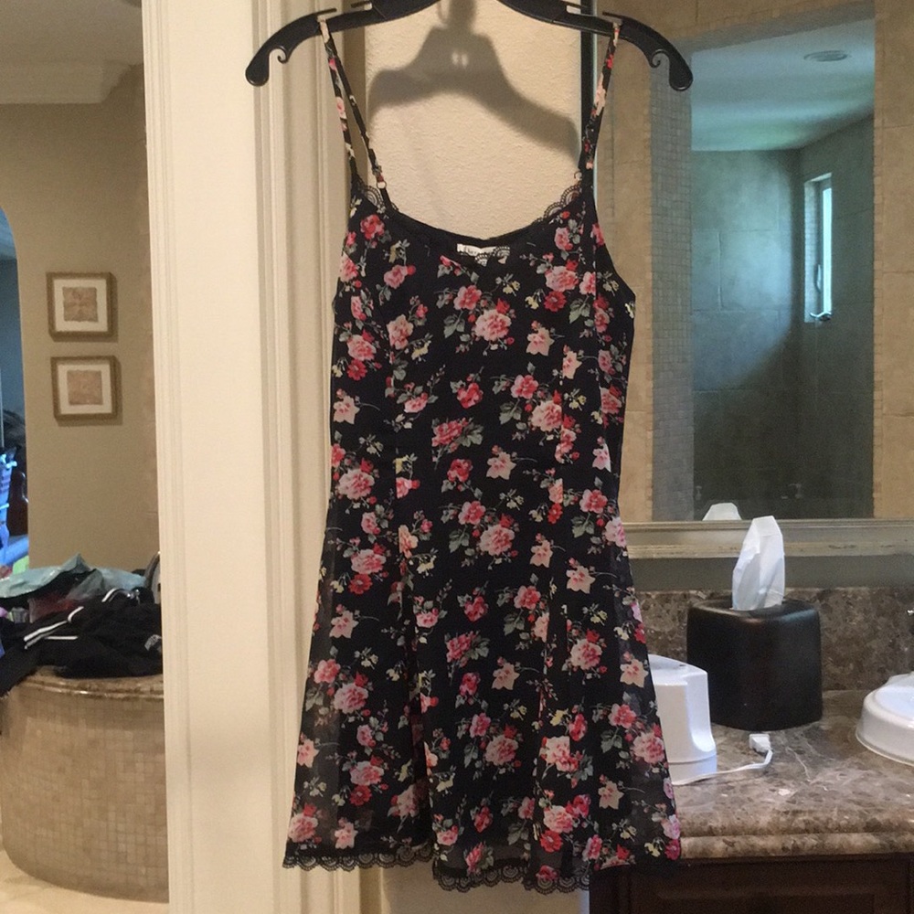 Black pink floral dress with lace detail